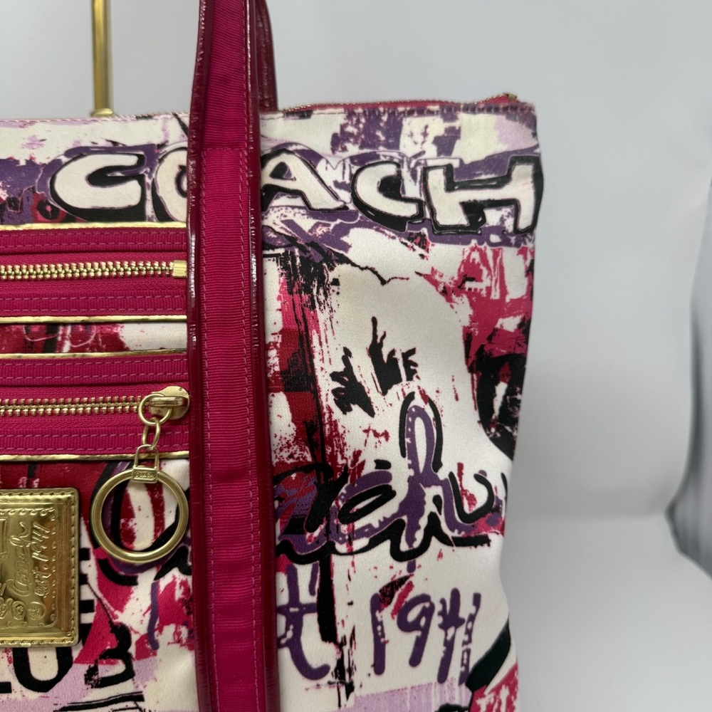 Coach Poppy Graffiti Tote Bag Pink Red Canvas Leather Trim Large Shoulder Bag - Picture 9 of 16
